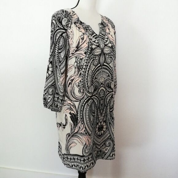 Buttons Ornate Print 3/4 Sleeve Split V-Neck Casual Shift Dress Women's Size L - Picture 4 of 10